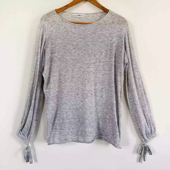 Zara Knit heather gray lightweight oversized sweater w/ tie bottom sleeves - Picture 2 of 8